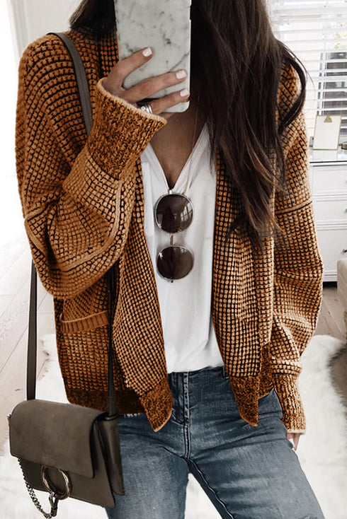 Textured Waffle Knit Open Front Slouchy Cardigan
