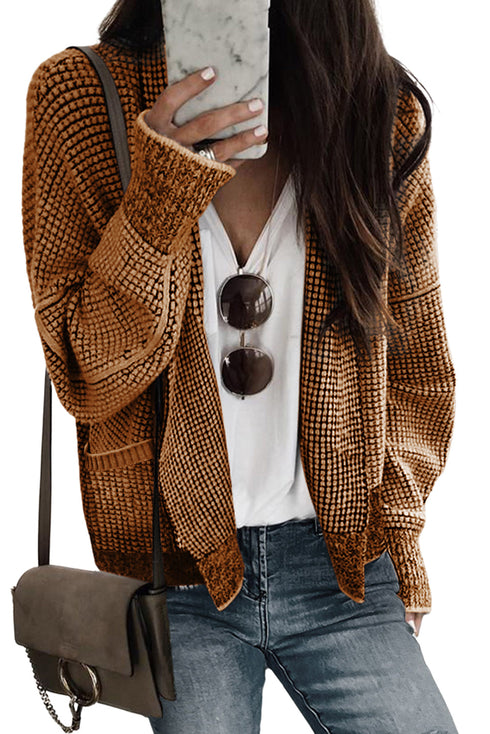 Textured Waffle Knit Open Front Slouchy Cardigan