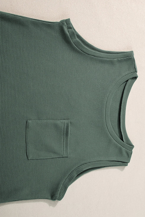 Textured Waffle Knit Patch Pocket Tank Drawstring Short Set