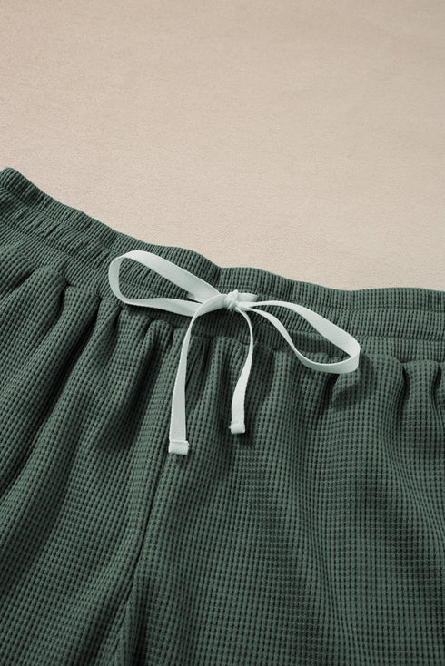 Textured Waffle Knit Patch Pocket Tank Drawstring Short Set