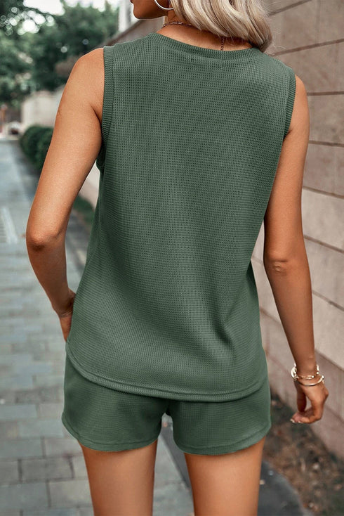 Textured Waffle Knit Patch Pocket Tank Drawstring Short Set