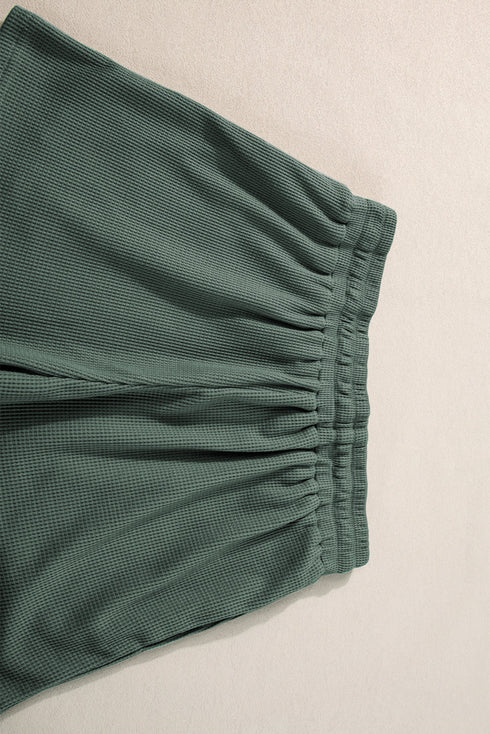 Textured Waffle Knit Patch Pocket Tank Drawstring Short Set