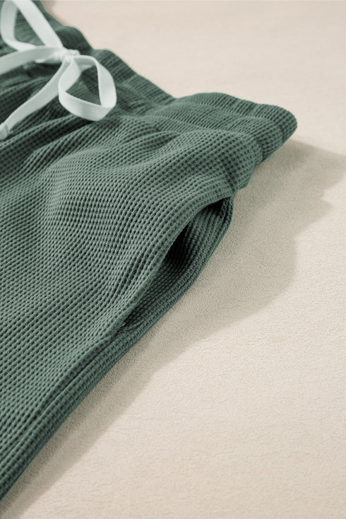 Textured Waffle Knit Patch Pocket Tank Drawstring Short Set