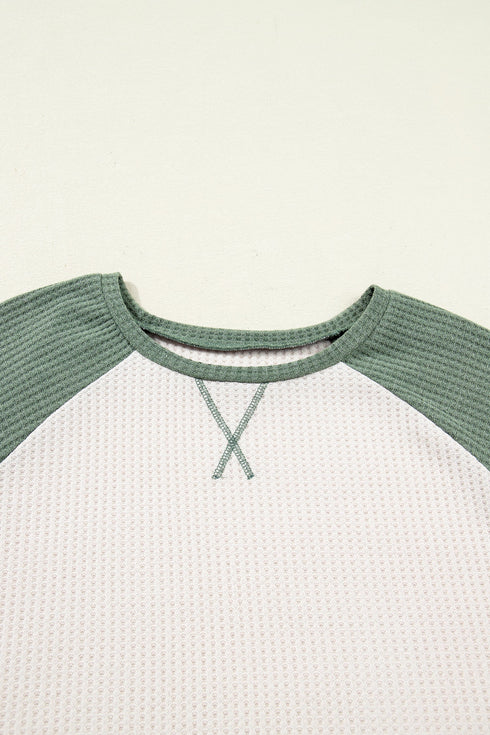 Textured Waffle Knit Patchwork Casual Long Sleeve Top