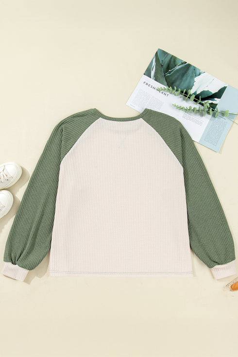 Textured Waffle Knit Patchwork Casual Long Sleeve Top