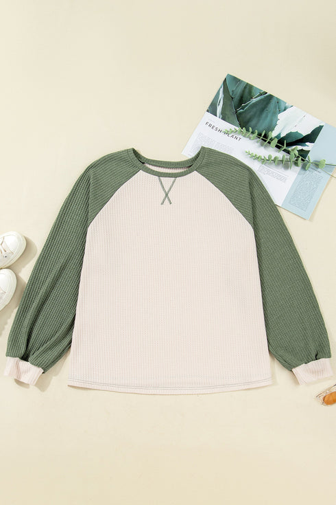 Textured Waffle Knit Patchwork Casual Long Sleeve Top