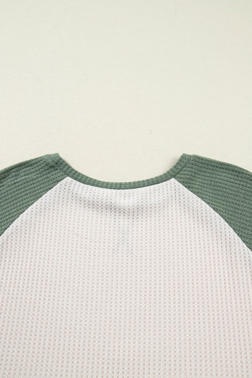 Textured Waffle Knit Patchwork Casual Long Sleeve Top