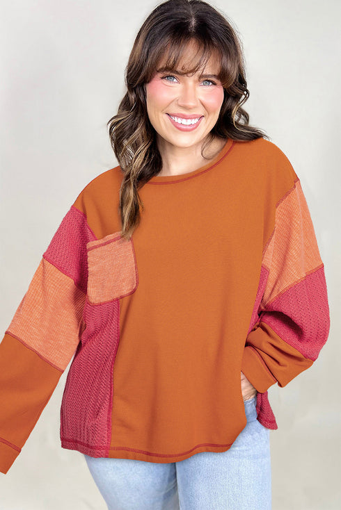 Textured Waffle Knit Patchwork Chest Pocket Long Sleeve Top