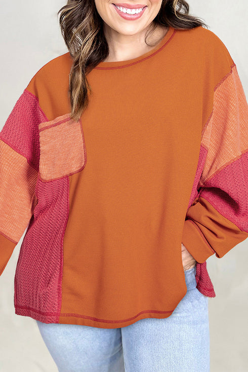 Textured Waffle Knit Patchwork Chest Pocket Long Sleeve Top