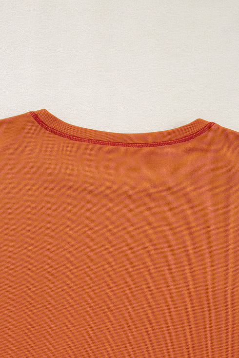 Textured Waffle Knit Patchwork Chest Pocket Long Sleeve Top