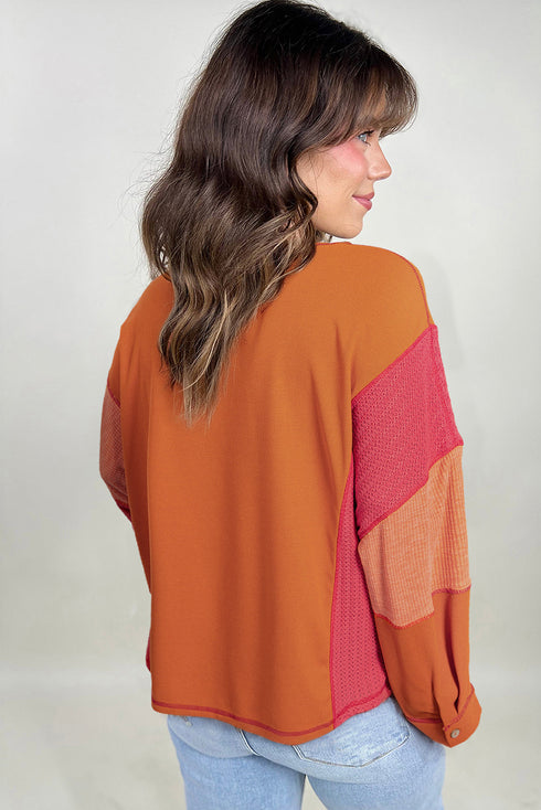 Textured Waffle Knit Patchwork Chest Pocket Long Sleeve Top