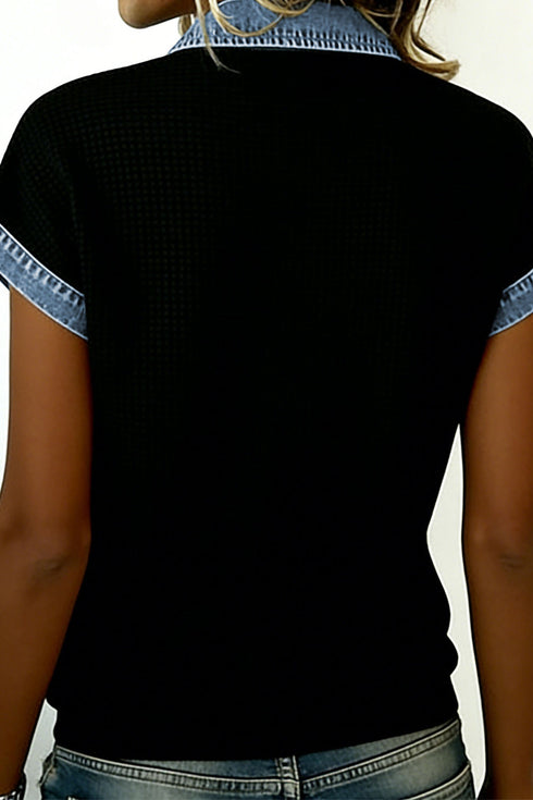 Textured Waffle Knit Patchwork Color Block Button Down Shirt
