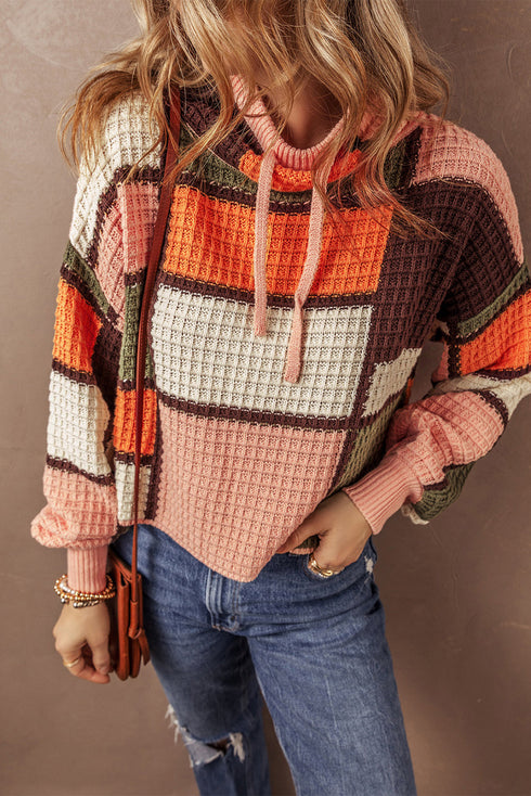 Textured Waffle Knit Patchwork Drawstring Hooded Sweater