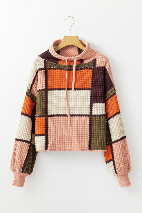 Textured Waffle Knit Patchwork Drawstring Hooded Sweater