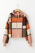 Textured Waffle Knit Patchwork Drawstring Hooded Sweater