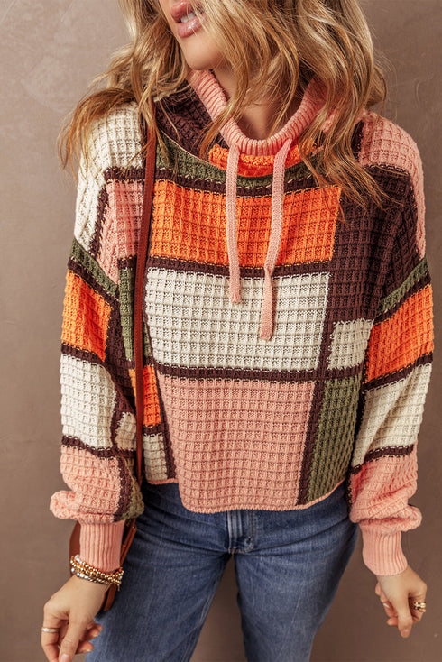 Textured Waffle Knit Patchwork Drawstring Hooded Sweater