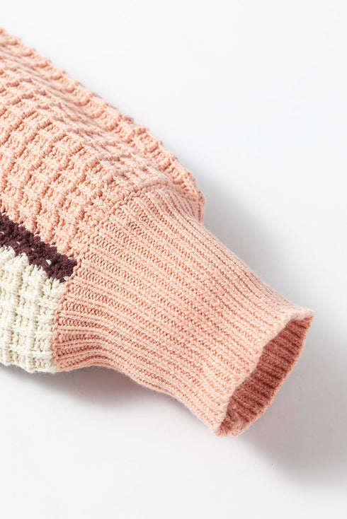 Textured Waffle Knit Patchwork Drawstring Hooded Sweater