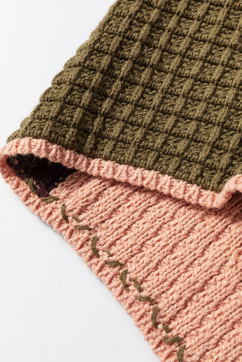 Textured Waffle Knit Patchwork Drawstring Hooded Sweater