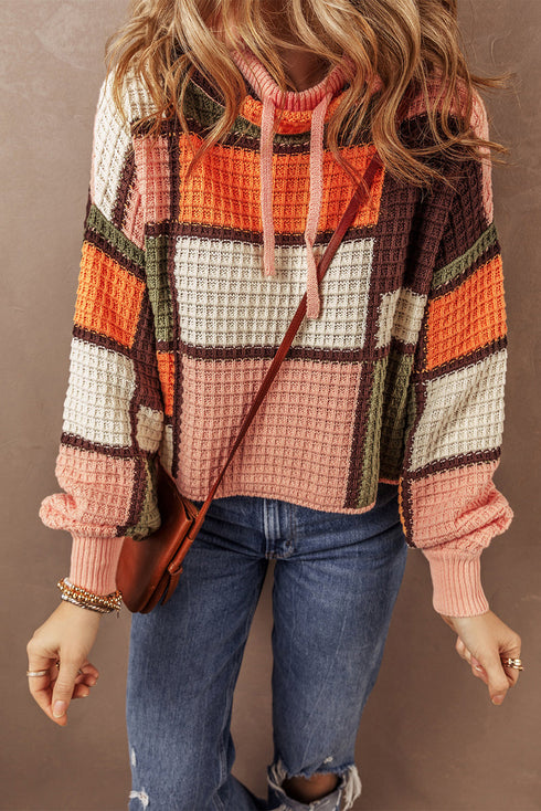 Textured Waffle Knit Patchwork Drawstring Hooded Sweater