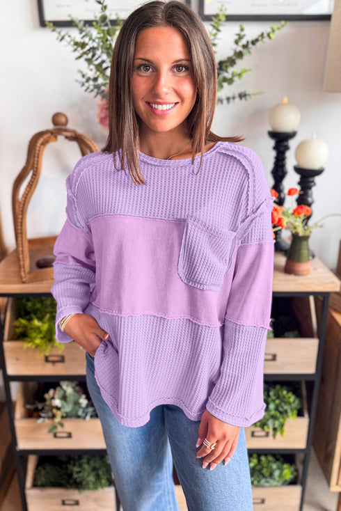 Textured Waffle Knit Patchwork Long Sleeve Thermal Top