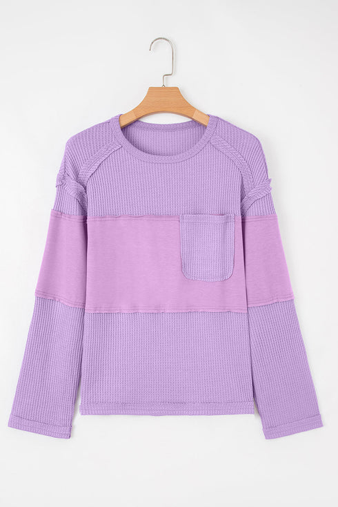 Textured Waffle Knit Patchwork Long Sleeve Thermal Top