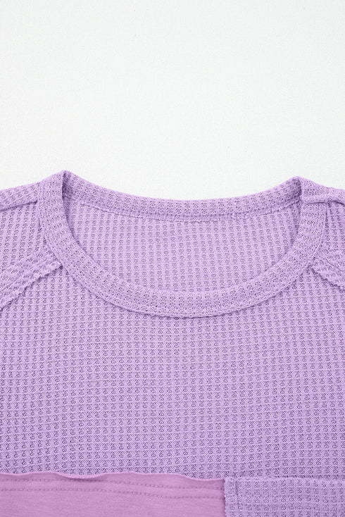 Textured Waffle Knit Patchwork Long Sleeve Thermal Top