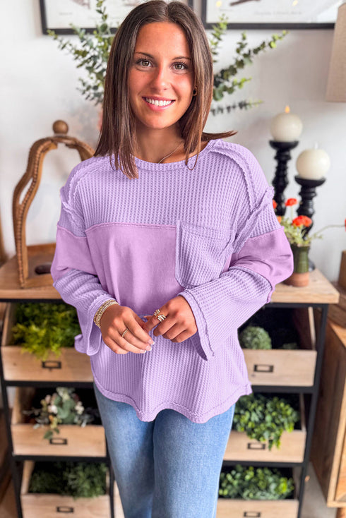Textured Waffle Knit Patchwork Long Sleeve Thermal Top