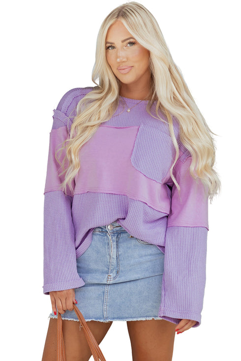 Textured Waffle Knit Patchwork Long Sleeve Thermal Top