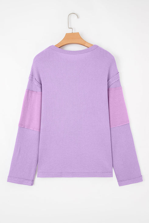 Textured Waffle Knit Patchwork Long Sleeve Thermal Top