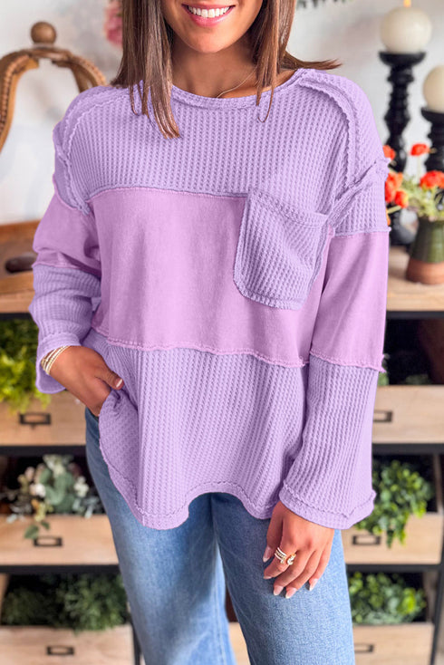 Textured Waffle Knit Patchwork Long Sleeve Thermal Top