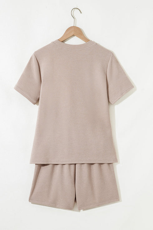 Textured Waffle Knit Patchwork Two Piece Short Set