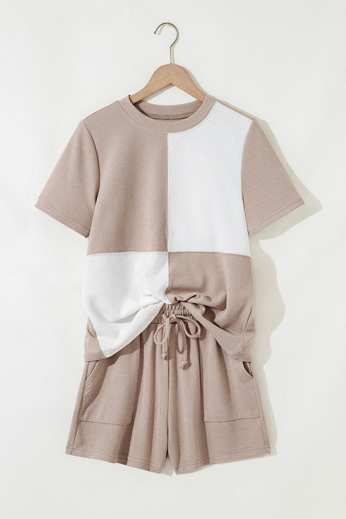 Textured Waffle Knit Patchwork Two Piece Short Set