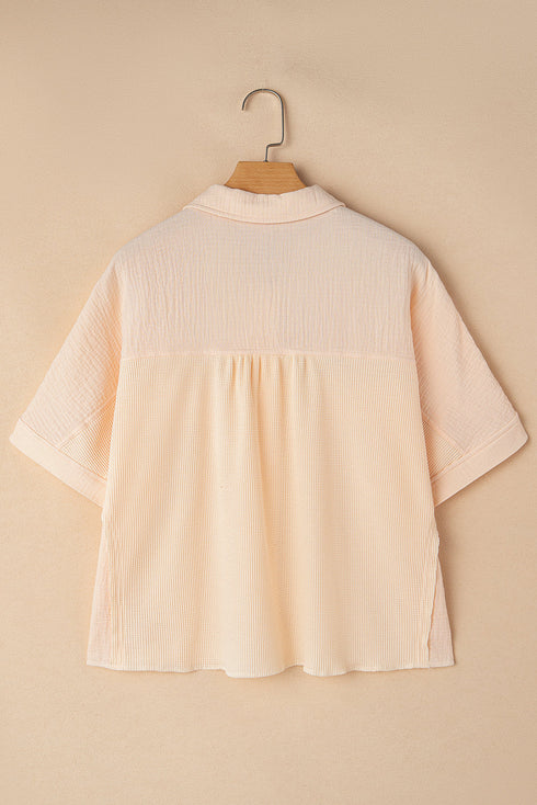 Textured Waffle Knit Short Sleeve Button Down Shirt