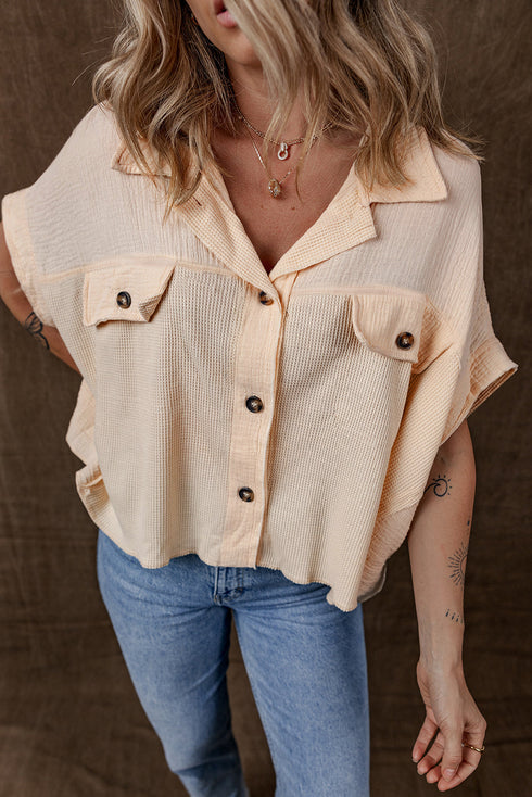 Textured Waffle Knit Short Sleeve Button Down Shirt