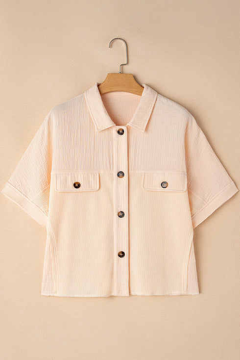 Textured Waffle Knit Short Sleeve Button Down Shirt