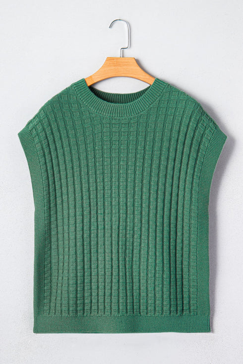 Textured Waffle Knit Short Sleeve Crew Neck Sweater