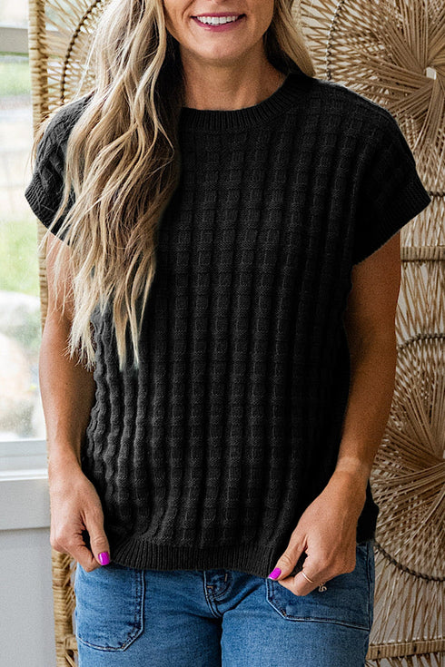 Textured Waffle Knit Short Sleeve Crew Neck Sweater