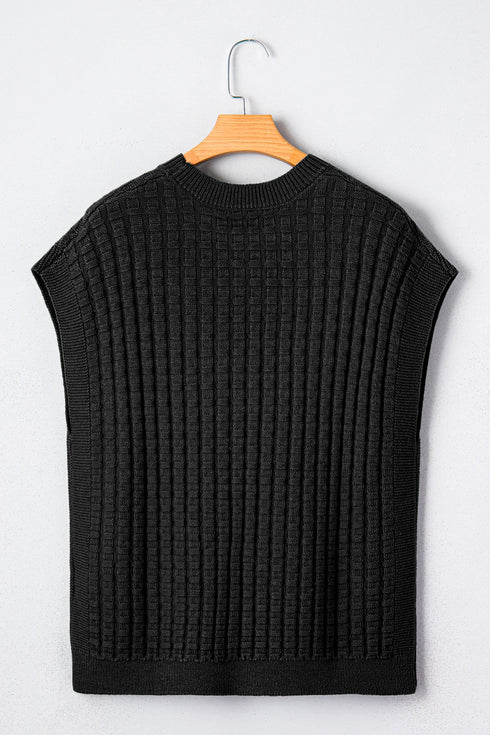 Textured Waffle Knit Short Sleeve Crew Neck Sweater