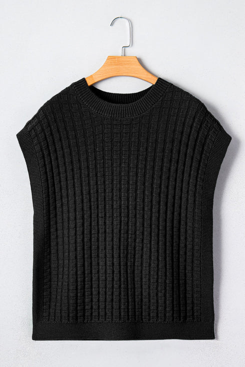Textured Waffle Knit Short Sleeve Crew Neck Sweater