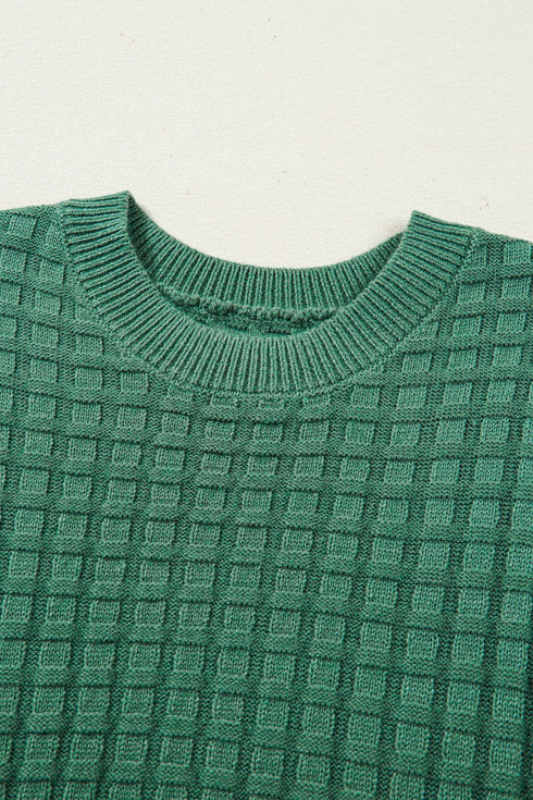 Textured Waffle Knit Short Sleeve Crew Neck Sweater