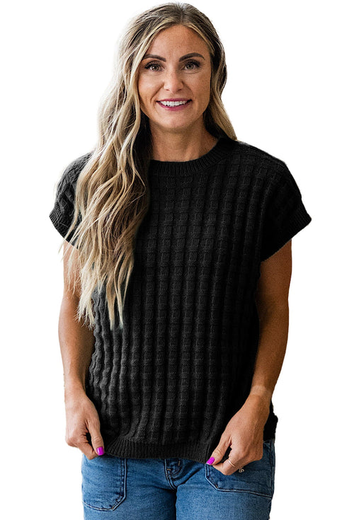Textured Waffle Knit Short Sleeve Crew Neck Sweater