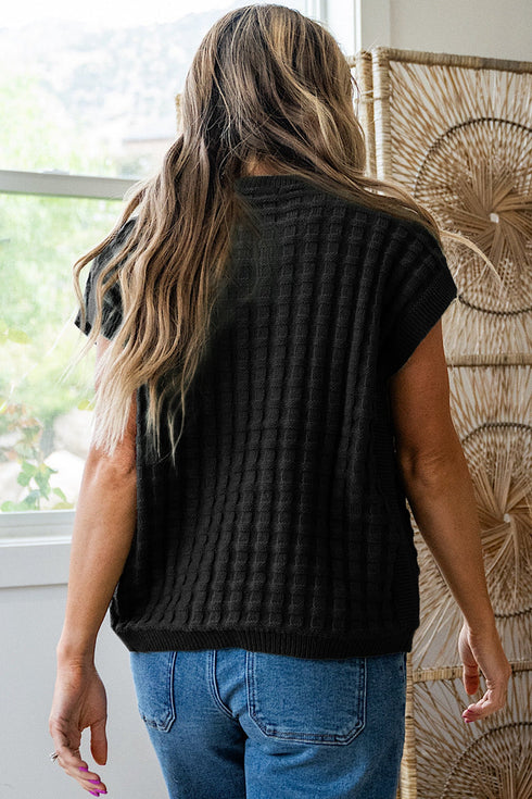 Textured Waffle Knit Short Sleeve Crew Neck Sweater