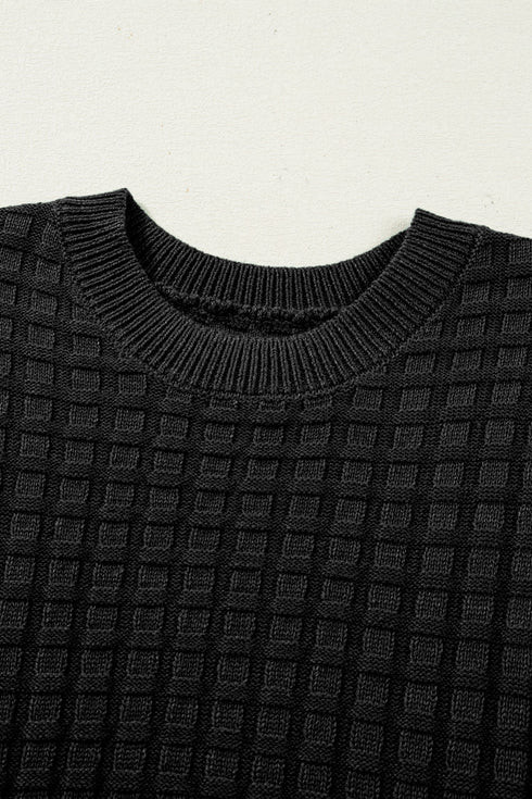 Textured Waffle Knit Short Sleeve Crew Neck Sweater