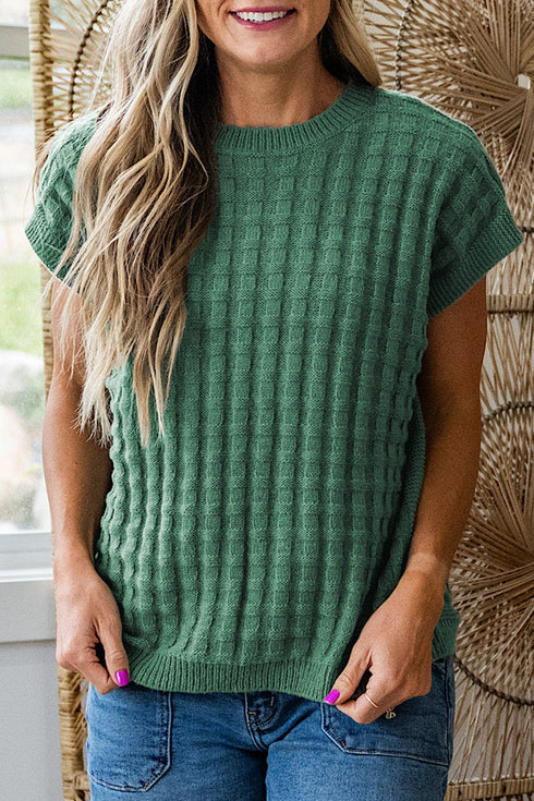 Textured Waffle Knit Short Sleeve Crew Neck Sweater