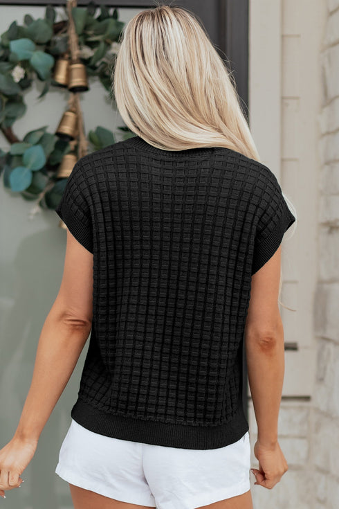 Textured Waffle Knit Short Sleeve Crew Neck Sweater