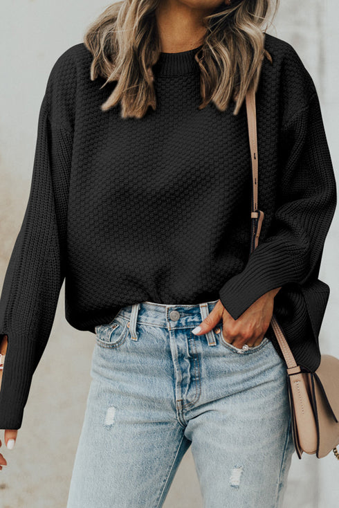 Textured Waffle Knit Split Cuff Crew Neck Sweater