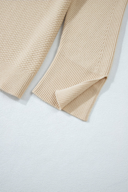 Textured Waffle Knit Split Cuff Crew Neck Sweater