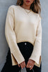 Textured Waffle Knit Split Cuff Crew Neck Sweater