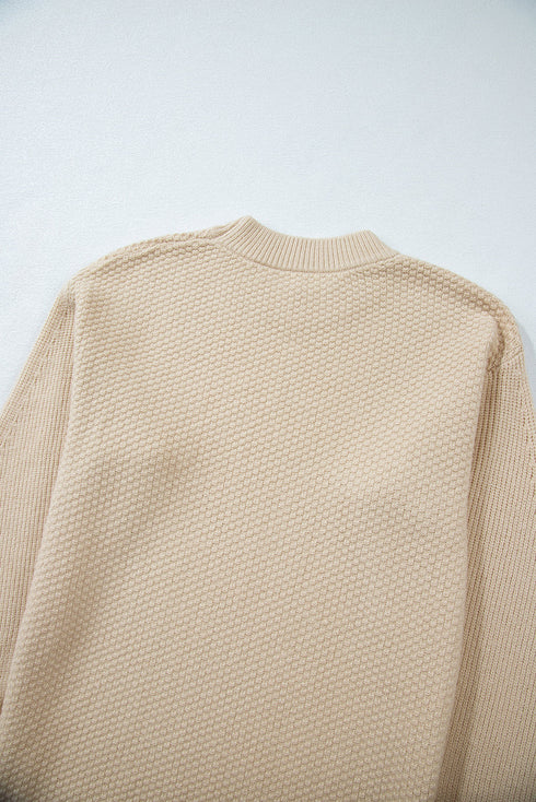 Textured Waffle Knit Split Cuff Crew Neck Sweater