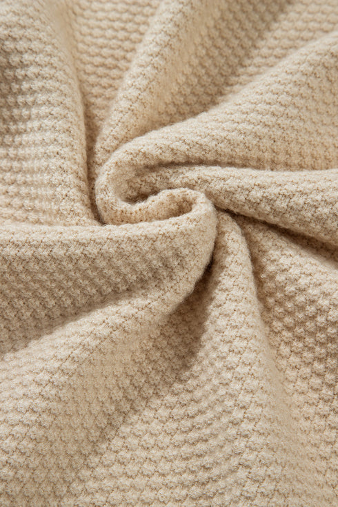 Textured Waffle Knit Split Cuff Crew Neck Sweater